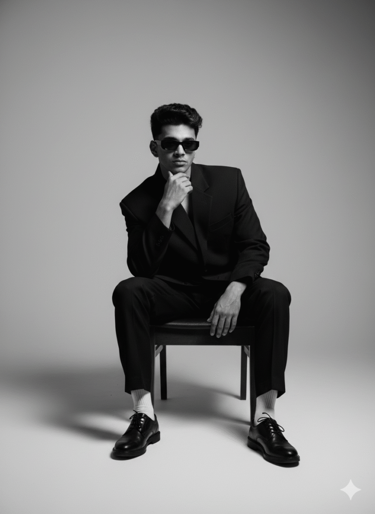 A stylish man sit on a wooden chair, wear black suit and glass